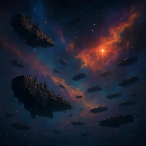Scattered Fleet of Numerous Derelict Starships Drifts Silently
