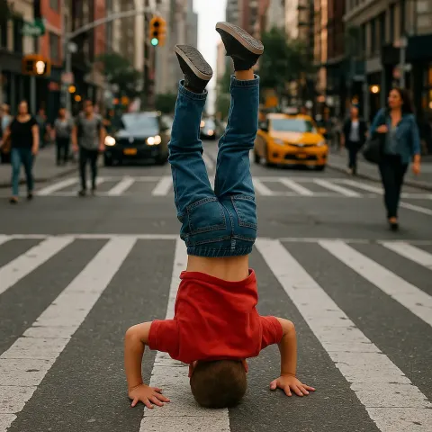 Child Performs a Headstand on a Crosswalk at a Busy
