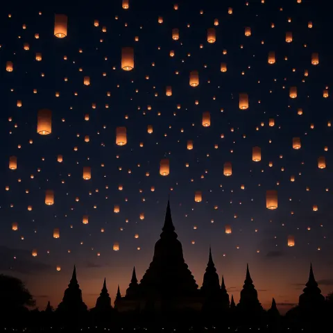 Countless Glowing Lanterns Ascend into the Twilight Sky