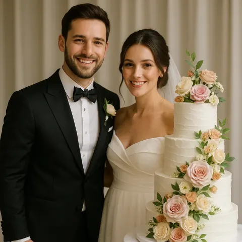 Groom and Bride Standing Next to a Multi-layered Wedding Cake