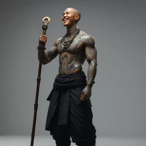 Joyful Tattooed Monk With Staff in 3D