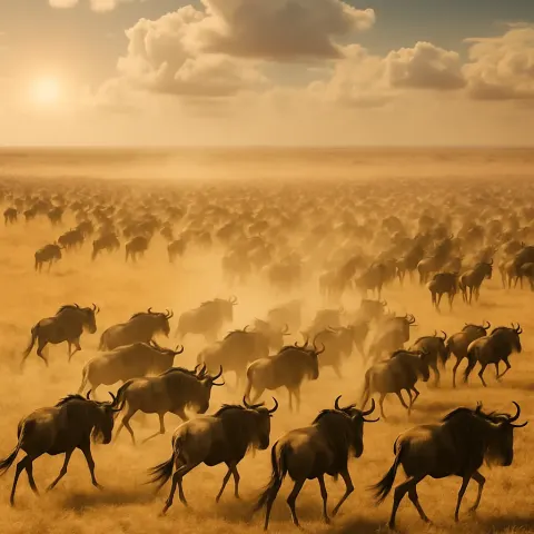 Thousands of Distant Wildebeest Create a Vast Dust Cloud