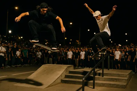 Two Skateboarders Performing Tricks on a Street Course