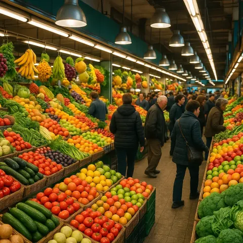 Bustling Indoor Produce Market Filled with Colorful Fruits and Vegetables