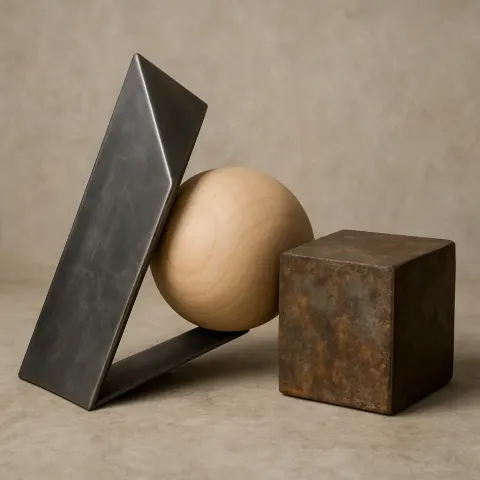 Triangular Metal Prism Leaned Against the Polished Wooden Sphere