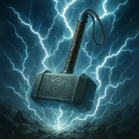 Powerful Hammer of Thor Encircled by Crackling Lightning