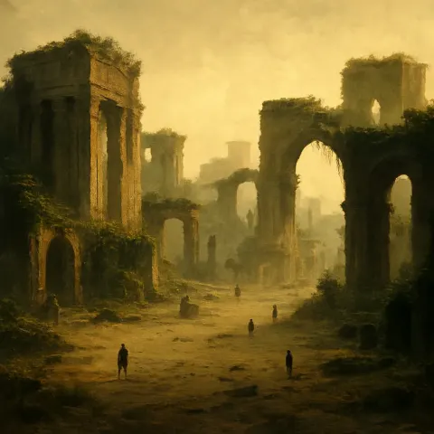 Sparse Scattering of Tiny Figures Explores the Monumental Ruins