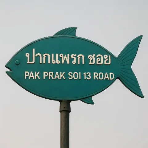 Street Sign Shaped Like a Fish with the Text "Pak