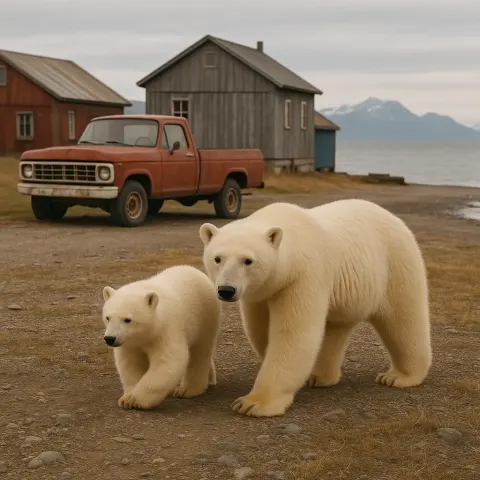 Mother Polar Bear and Her Cub Walk near a Coastal