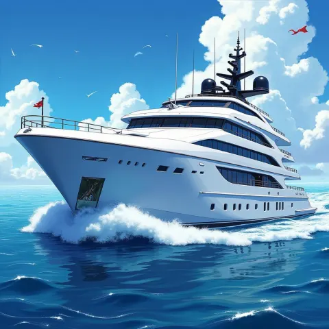 Sleek White Yacht in Vibrant Anime Motion