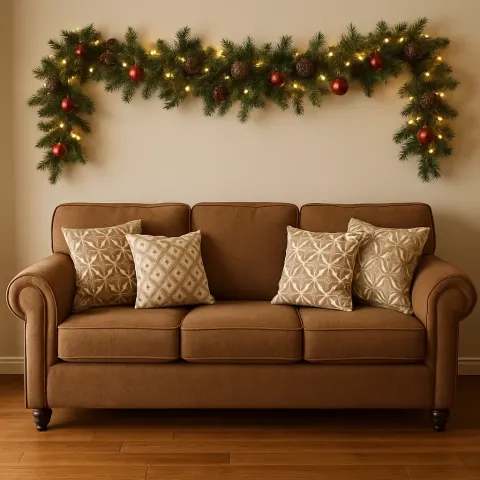 Brown Cushioned Sofa with Patterned Pillows Is Placed