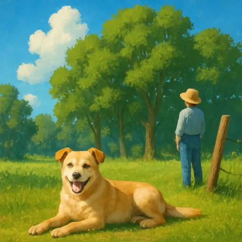 Sandy-colored Dog Rests Peacefully on a Grassy Lawn