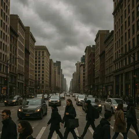 Bustling City Street Filled with Vehicles and Walkers Moving About