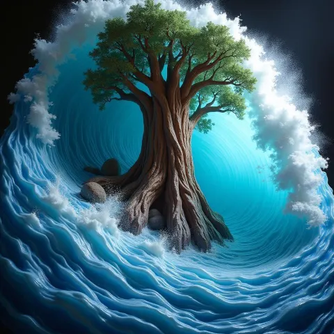 Marble Sequoia Carving Against Crashing Wave