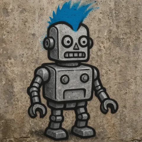 Graffiti Depicting a Silver Robot with a Blue Mohawk