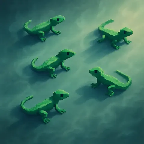 Several Cool Side-lit Isometric Pixel Art Green Lizards Inhabit