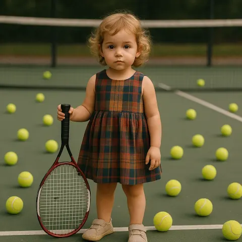 Young Child in a Plaid Dress Stands on a Tennis