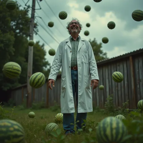 Mad Scientist Laughing as Watermelons Rain Down