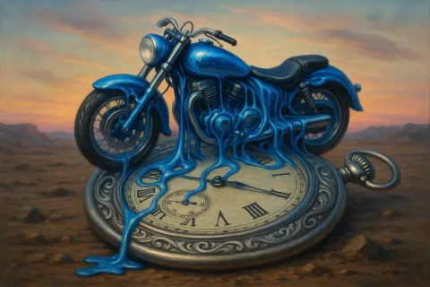 Craft a Surrealistic Painting Featuring a Vibrant Blue Motorcycle