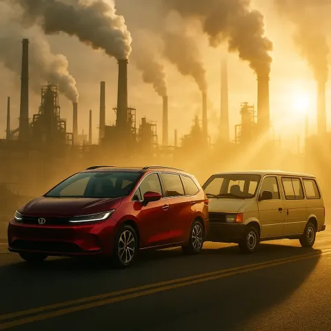 Against a Backdrop of Gritty Factories Whose Smokestacks Billow
