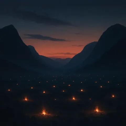 Many Distant Campfires Flicker Like Scattered Embers Across a Vast