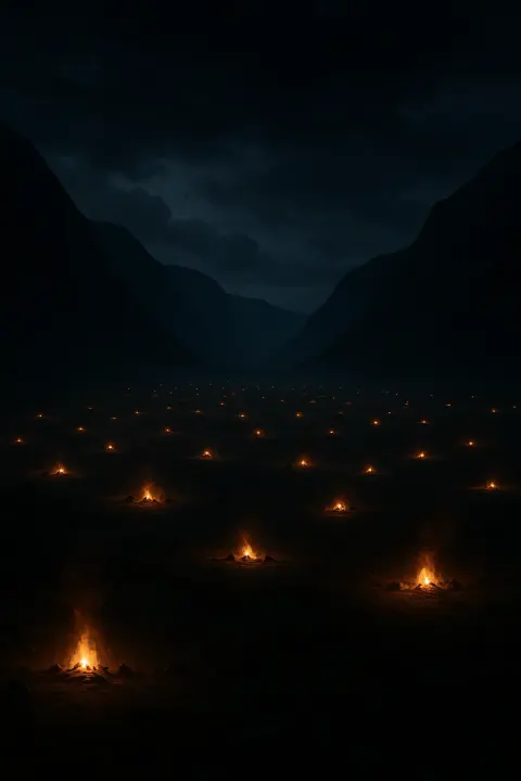 Many Distant Campfires Flicker Like Scattered Stars Across a Vast