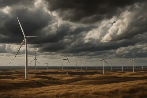 Numerous Distant Wind Turbines Stand Like Silent Sentinels