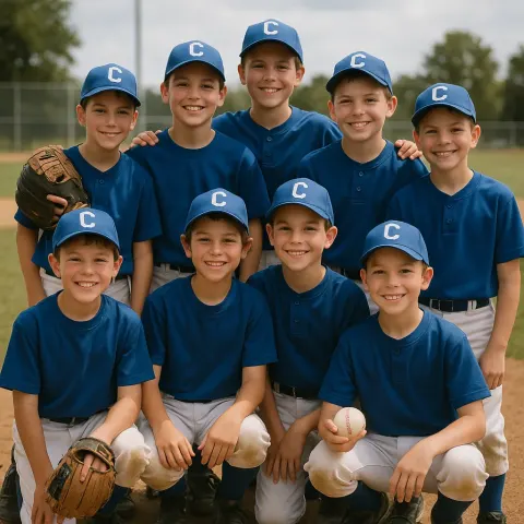 Team of Young Baseball Players Wearing Blue Uniforms Posed Together