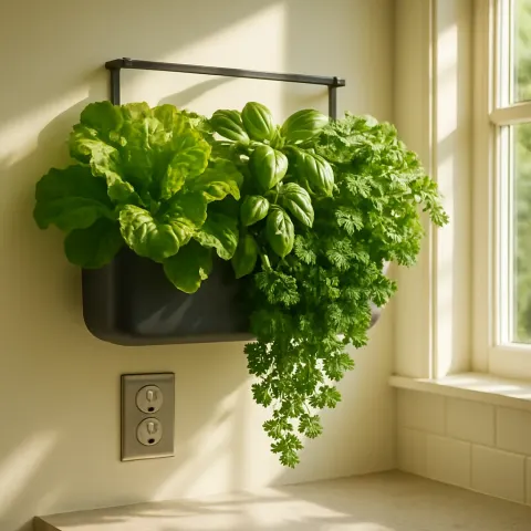 Lush Green Vegetables Flourish Within a Modern Hanging Planter