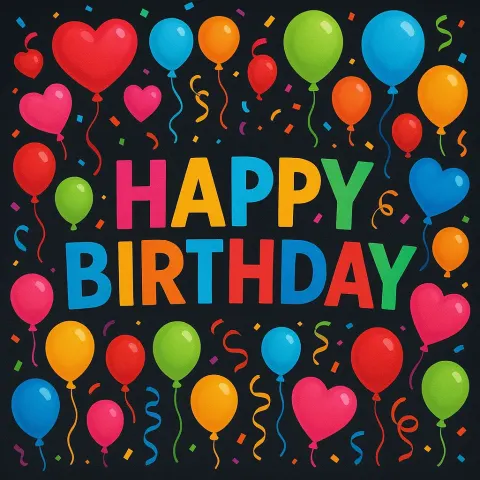 Colorful "Happy Birthday" Text Surrounded by Heart-shaped and Round Balloons