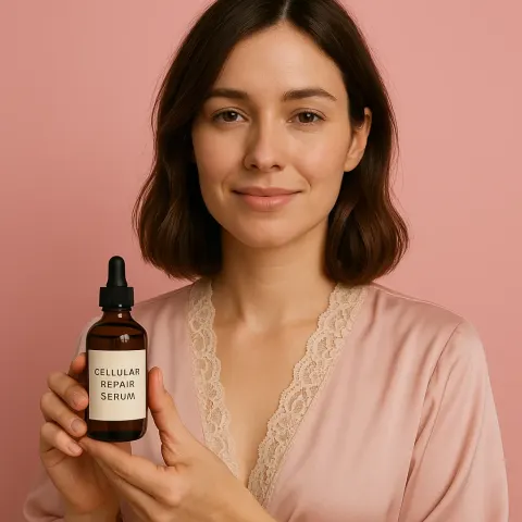 Woman with Shoulder-length Brown Hair Wearing a Lace-trimmed Pink Robe