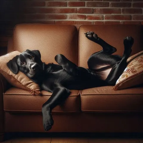 Black Dog Relaxing on Grey Couch