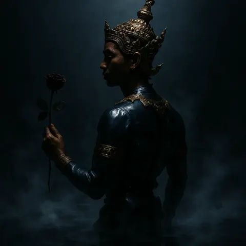 Mythological Southeast Asian Figure in Glossy Satin Offers a Curious