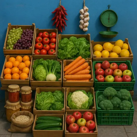 Street Market Stall with Various Fruits