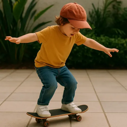 Child Attempts to Balance on a Small Skateboard