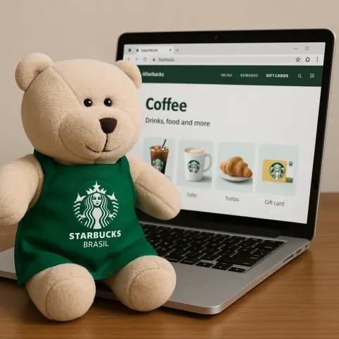 Plush Bear Wearing a Green Starbucks Brasil Apron Sits