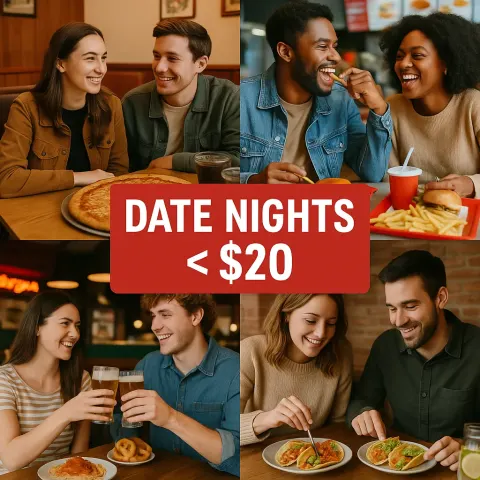 Collage Showcasing Casual Dining Environments and Affordable Dishes