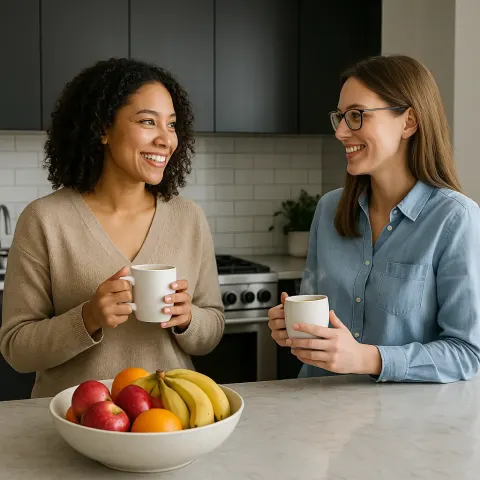 Two Women Stand Beside a Stylish Island