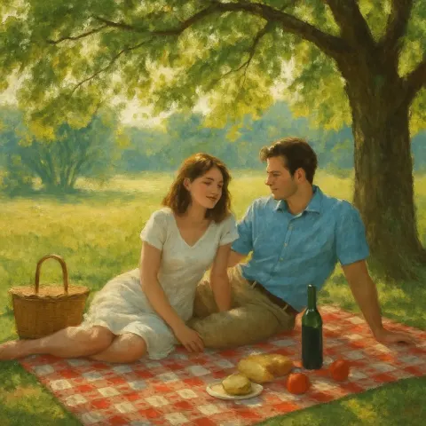 Pair Relaxes on a Picnic Blanket Beneath the Speckled Shadows