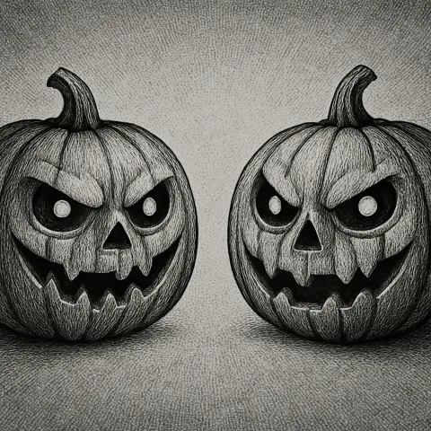 Two Varied Jack-o'-lanterns in Profile with Frontal Eyes