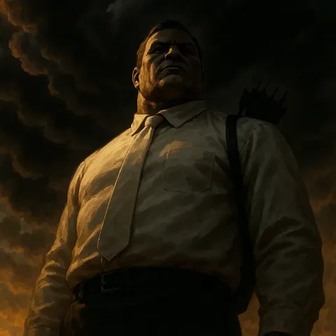 Notorious Giant in Stark White Corporate Attire Towers