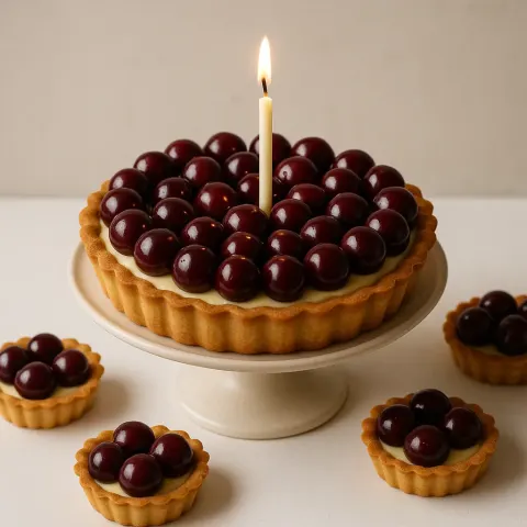 Fruit Tart Decorated with Dark Red Cherries