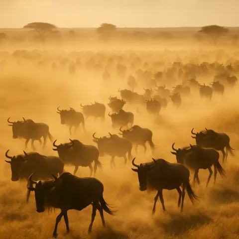 Distant Herd of Many Wildebeest Kicks Up a Vast Plume
