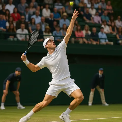 Tennis Player in White Attire Mid-serve on an Outdoor Court