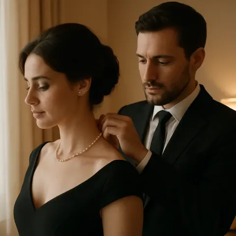Person in Formal Attire Helping Another Adjust a Necklace