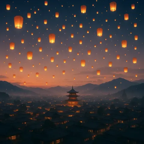 Countless Glowing Paper Lanterns Ascend into the Twilight Sky