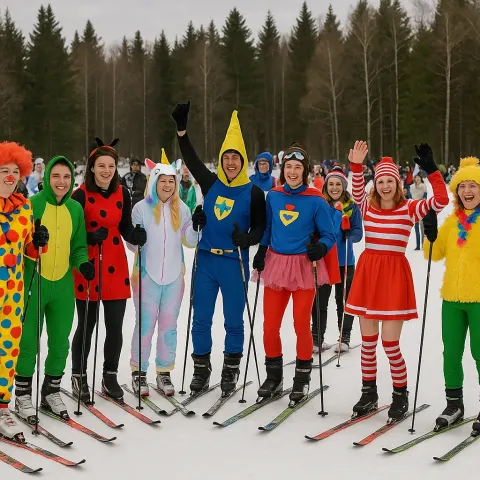 Group of Skiers Dressed in Colorful Costumes Gathers