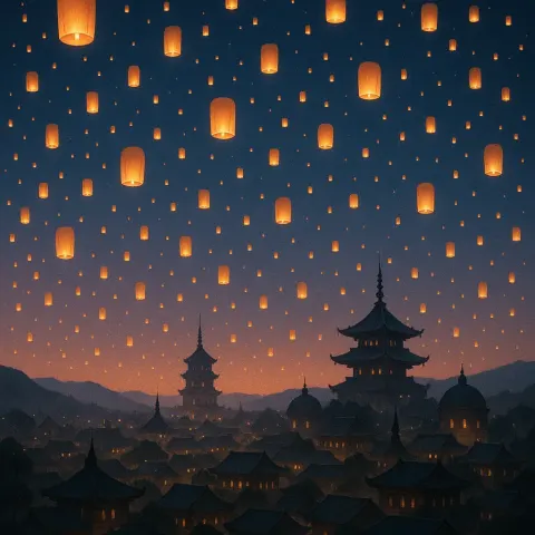Countless Glowing Lanterns Ascend into the Twilight Sky