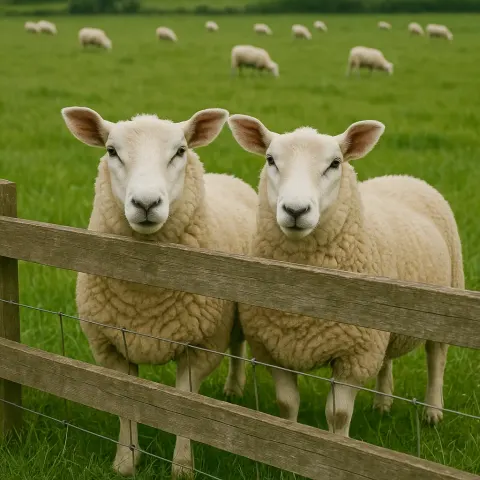 Two Sheep Standing near a Fence in a Green Pasture