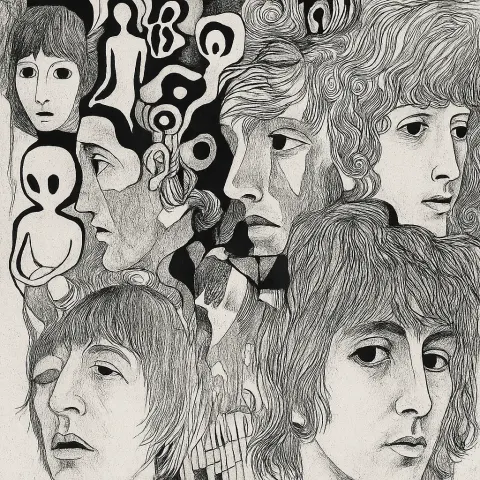 Monochromatic Surreal Collage Influenced by the Beatles' Album Revolver